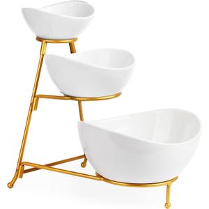 LAUCHUH 3 Tier Serving Stand Serving Dishes for Entertaining Porcelain Oval Fruit Bowl Set Tiered Serving Tray for Fruit, Vegetable, Nuts, Snack, Salad, Chip Dip Bowl Set for Valentine's Day, Gold