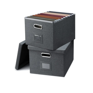 File Organizer, Collapsible Storage Filling Box with Lid for Letter Legal Size Hanging Folders Decorative Linen File Folder Box Document Storage Filing Bin, Dark Gray 2 Pack