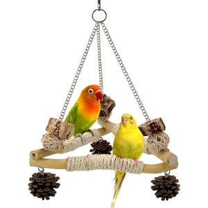Bird Swing for Cage with Chew Toys, 3 Sisal-Wrapped Parrot Perches & Stable Triangle Design, Wooden Hanging Parakeet Toys Swing for Cockatiel Lovebirds Conures Quaker Balance Training (S)