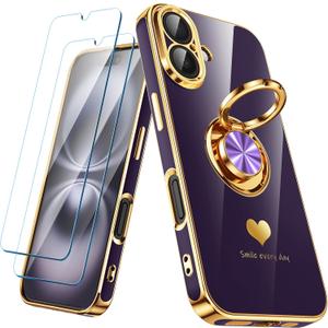 Compatible for iPhone 16 Case with 2 Pack Screen Protector, 360 Rotatable Ring Holder [Luxury Hearts Pattern] Plating Gold Edge Slim Soft Phone Cover Case for iPhone 16 - Purple