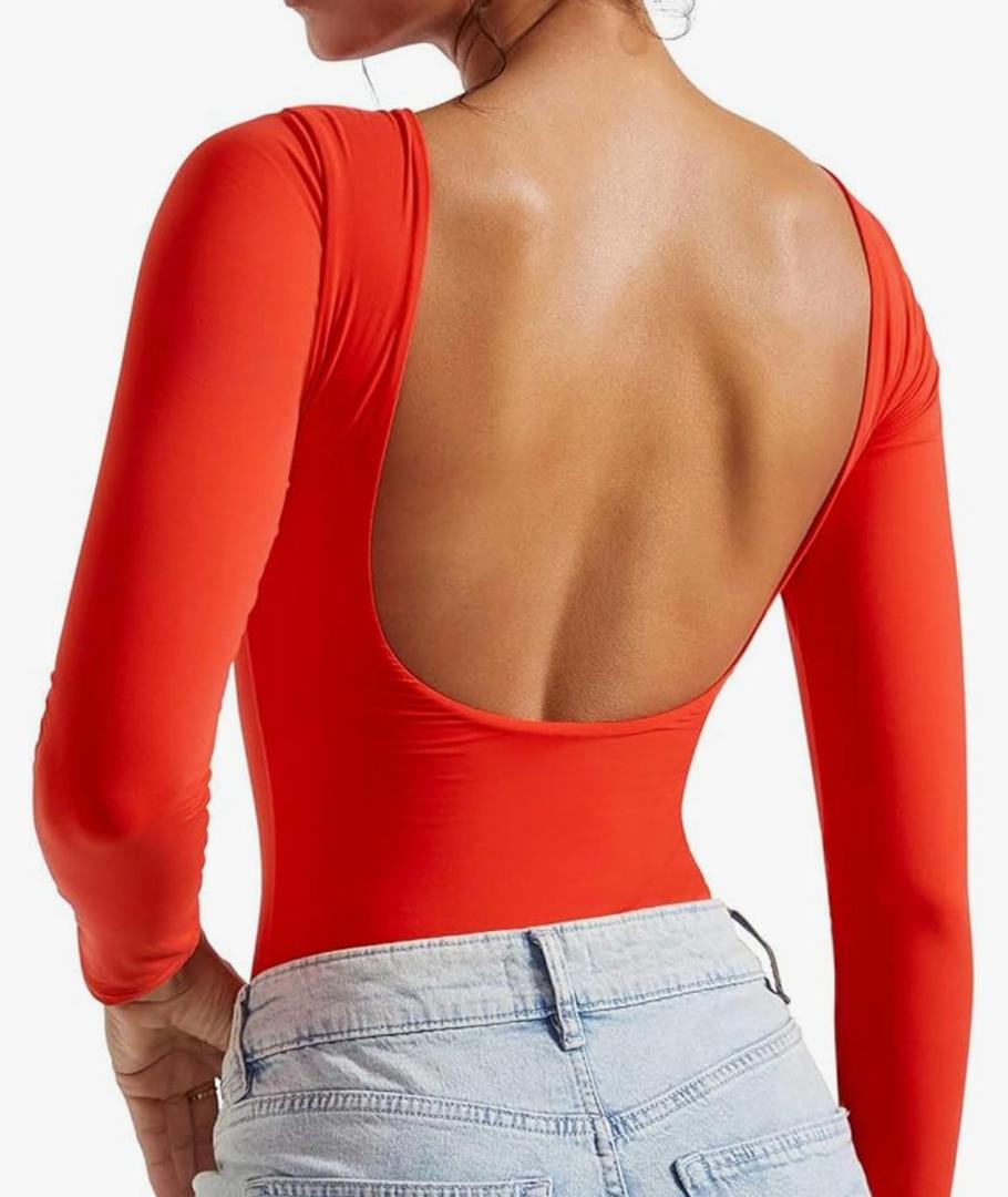 SUUKSESS Women Backless Y2k Long Sleeve Bodysuit Double Lined Open Back Sexy Basic Top XS