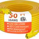 HUANCHAIN Indoor Outdoor Extension Cord 50 ft Waterproof, 16/3 Gauge Flexible Resistant Appliance Extension Cord Outside, 13A 1625W 16AWG SJTW, 3 Prong Heavy Duty Electric Cable Yellow, ETL