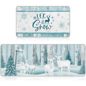 Ceenna 2 Pcs Winter Kitchen Rugs and Mats Set Snowflakes Let It Snow Reindeer Holiday Sink Floor Mat Kitchen Bathroom Xmas Tree Floor Decor for Home, 17 x 30, 17 x 47 Inch