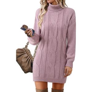 Womens Long Sleeve Turtleneck Sweater Dresses Ribbed Knit Stretchy Midi Casual Dress (Medium, Purple)