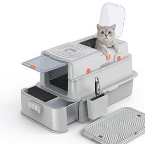 Soulbond Stainless Steel Cat Litter Box with Lid, Enclosed Large Metal Litter Box with Drawer and Flip Door for Big Cats, Top Entry, Odor Control, Easy to Clean (Light Grey)