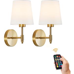 Gold Battery Operated Wall Sconces Set of Two, Wireless Rechargeble Battery Wall Light with RGB Dimmable Magnetic Bulb and Remote, Sconce Wall Decor for Bedroom Living Room Hallway, 6.3 inches x 7.7 inches x 12.5 inches