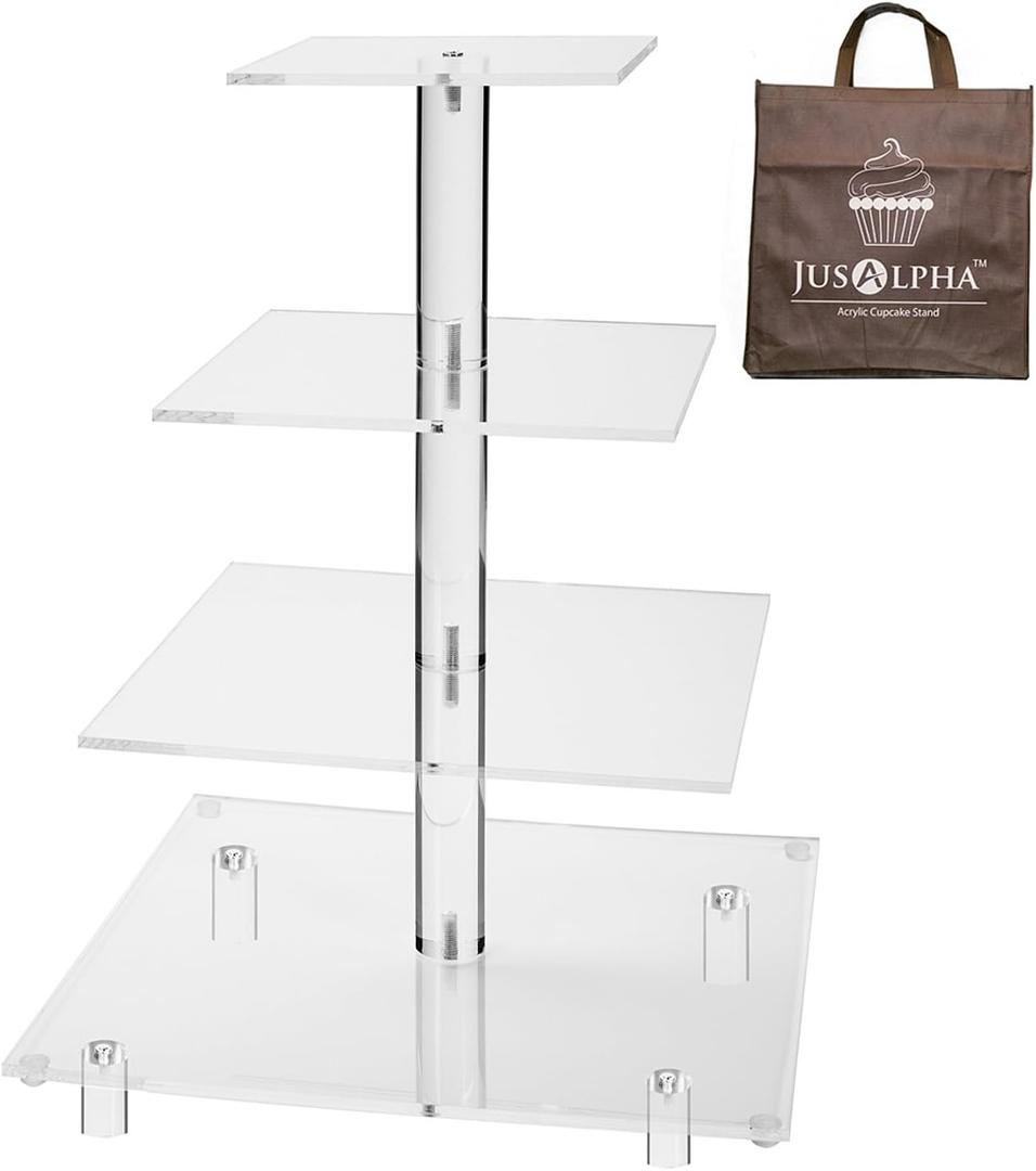 Jusalpha Large 4 Tier Square Acrylic Cupcake Tower Stand for Dessert, Pastry, Serving Platter-Candy Bar Party Dcor and Supply (Tall Version)