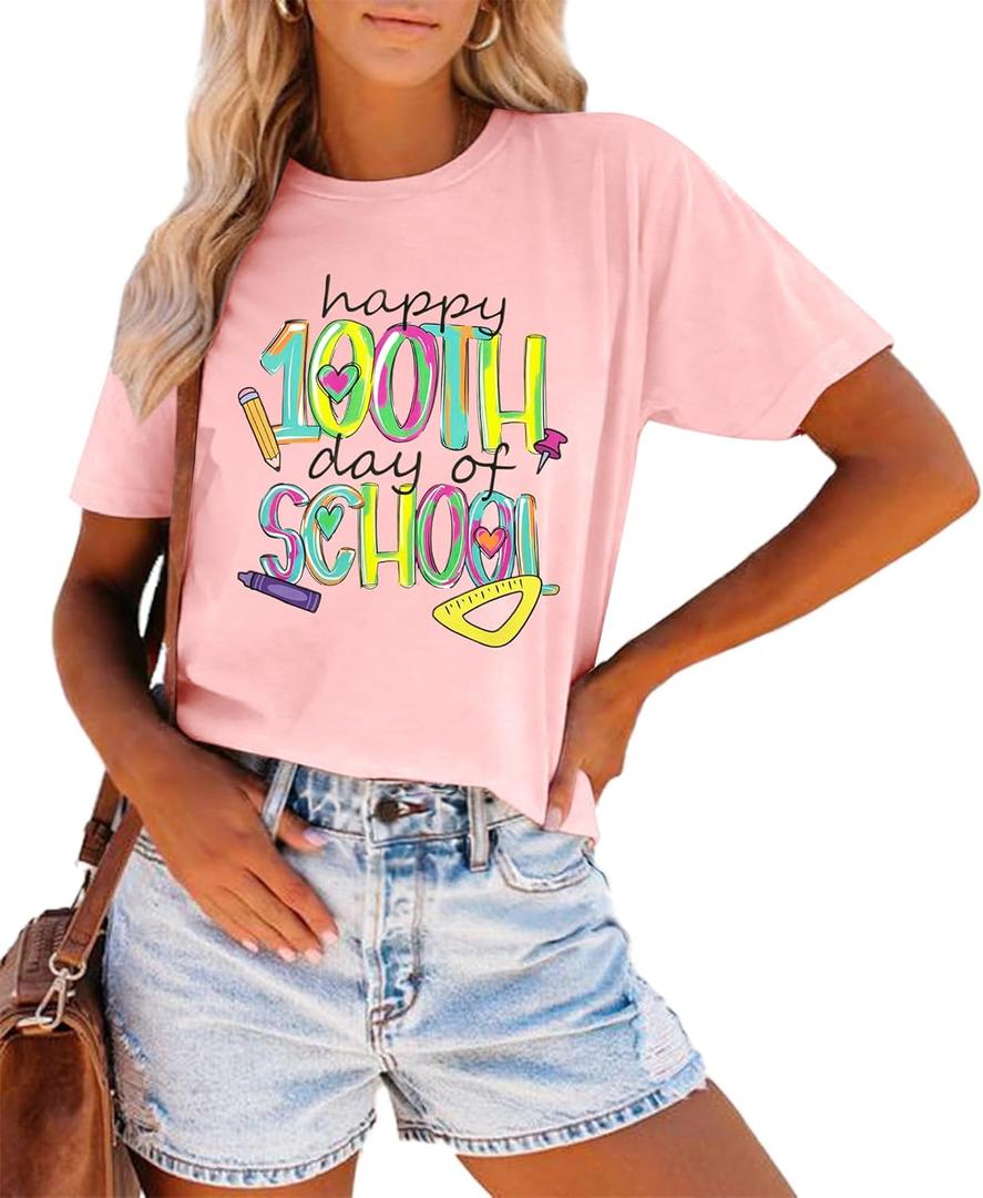 100 Days of School Shirt Women Preschool Teacher Shirts Kindergarten Celebration Tees Tie Dye Teachers Short Sleeve Tops (L)