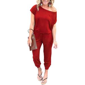 PRETTYGARDEN Jumpsuits for Women 2025 Summer Dressy Off Shoulder Romper Spring Vacation Travel Lounge Outfits Clothes (Medium, Red)