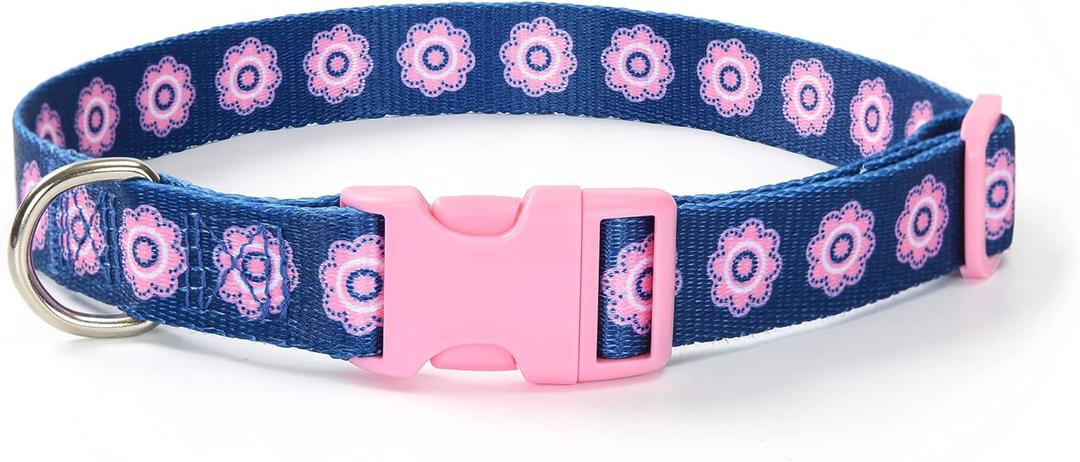 Mile High Life Nylon Puppy Dog Collar w Cute Patterns Lightweight Girl Boy Collar for Small/Medium/Large Dogs (Pink Flower, Medium Neck 13"-17")
