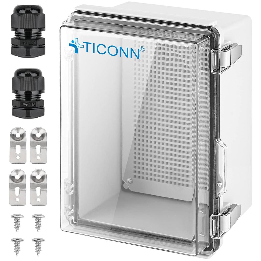 TICONN Waterproof Electrical Junction Box IP67 ABS Plastic Enclosure with Hinged Cover with Mounting Plate, Wall Brackets, Cable Glands (Clear, 11"x7.5"x5.5")