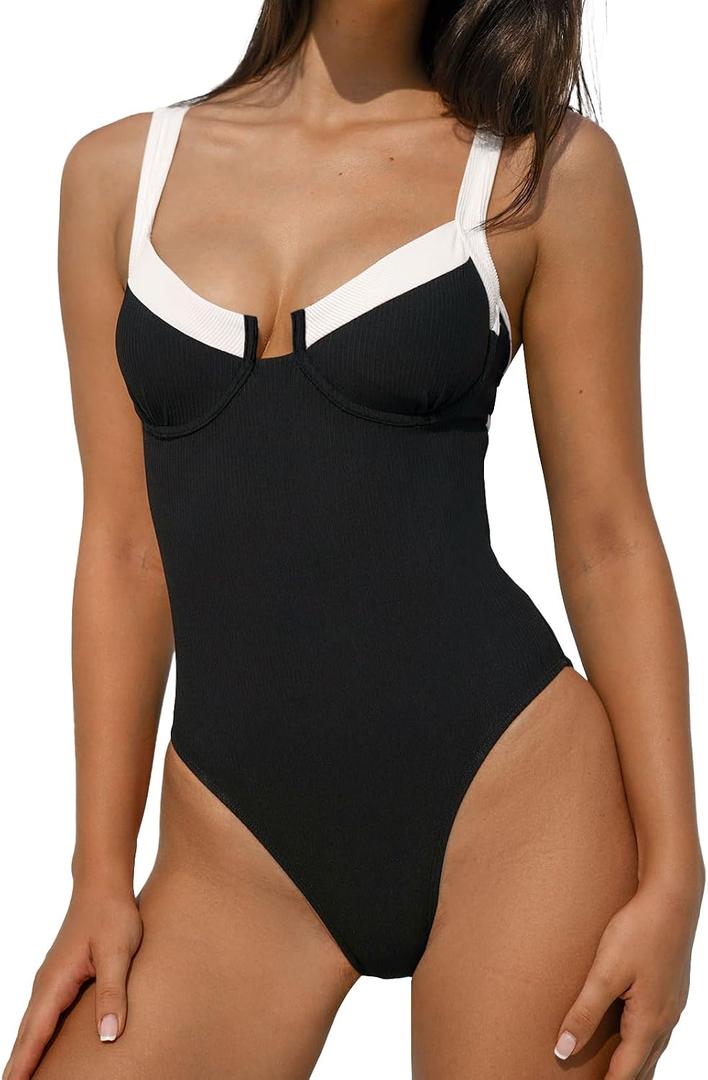 BERLOOK One Piece Swimsuit Women Tummy Control Ribbed Retro Bathing Suits Contrast Trim Knotted Sexy Slimming Swimwear, XL