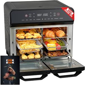 24Qt Dual Zone Air Fryer Oven with Rotisserie, Extra Large Double Air Fryers Mini Oven Digital 1800W 10 in 1 Airfryer Countertop Convection Toaster Oven Combo, Stainless Steel Inner, 360 Even Heating