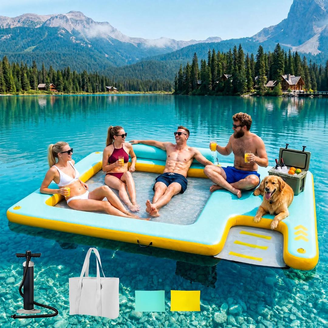 Inflatable Floating Dock for Dogs & Family Water Fun, 10FT Large Floating Island with Water Hammock and Easy-Access Dog Ramp, Portable Swim Platform for Lakes, Boats, Beaches and Pools, 10ft x 7ft / 300cm x200cm