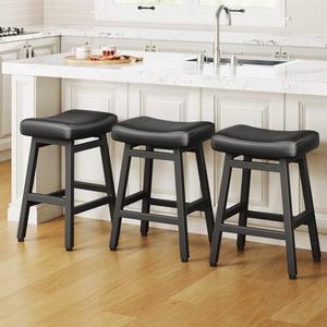 Raynesys Counter Height Bar Stools Set of 3, 24 Inch Barstools for Kitchen Counter, Kitchen Stools with Bonded Leather Saddle Seats & Heavy Duty Metal Legs, Easy Assembly, All Black
