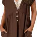 Glamaker Women's Summer Short Sleeve Romper Casual V Neck Wide Leg Short Jumpsuit Button Beach Rompers Outfit With Pockets, S