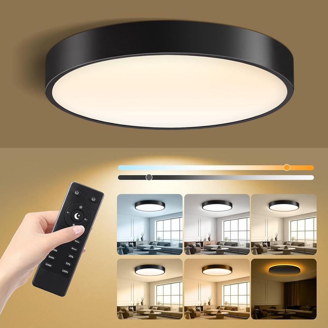 Lightania 18 Inch Flush Mount Ceiling Light with Remote Control & Night Light, 5CCT Dimmable Ceiling Light Fixture, 43W 4300LM 2700K-6500K Adjustable LED Ceiling Lights for Bedroom Kitchen, Black