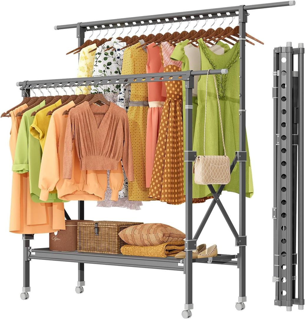 Clothes Rack, Double Rods Clothing Racks with Wheels, Adjustable Wardrobe Coat Rack with Bottom Shelves Extendable Bar, Heavy Duty Rolling Clothes Organizer Collapsible Standing Garment Rack (Grey)