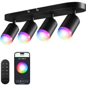LEONLITE Smart LED Track Lighting, WiFi RGB Ceiling Lighting Kit, 4 Head Black Track Light with Remote, APP Control, Compatible with Google Home/Alexa/Siri, 16 Million Colors, 2400-5000K Dimmable, 30W