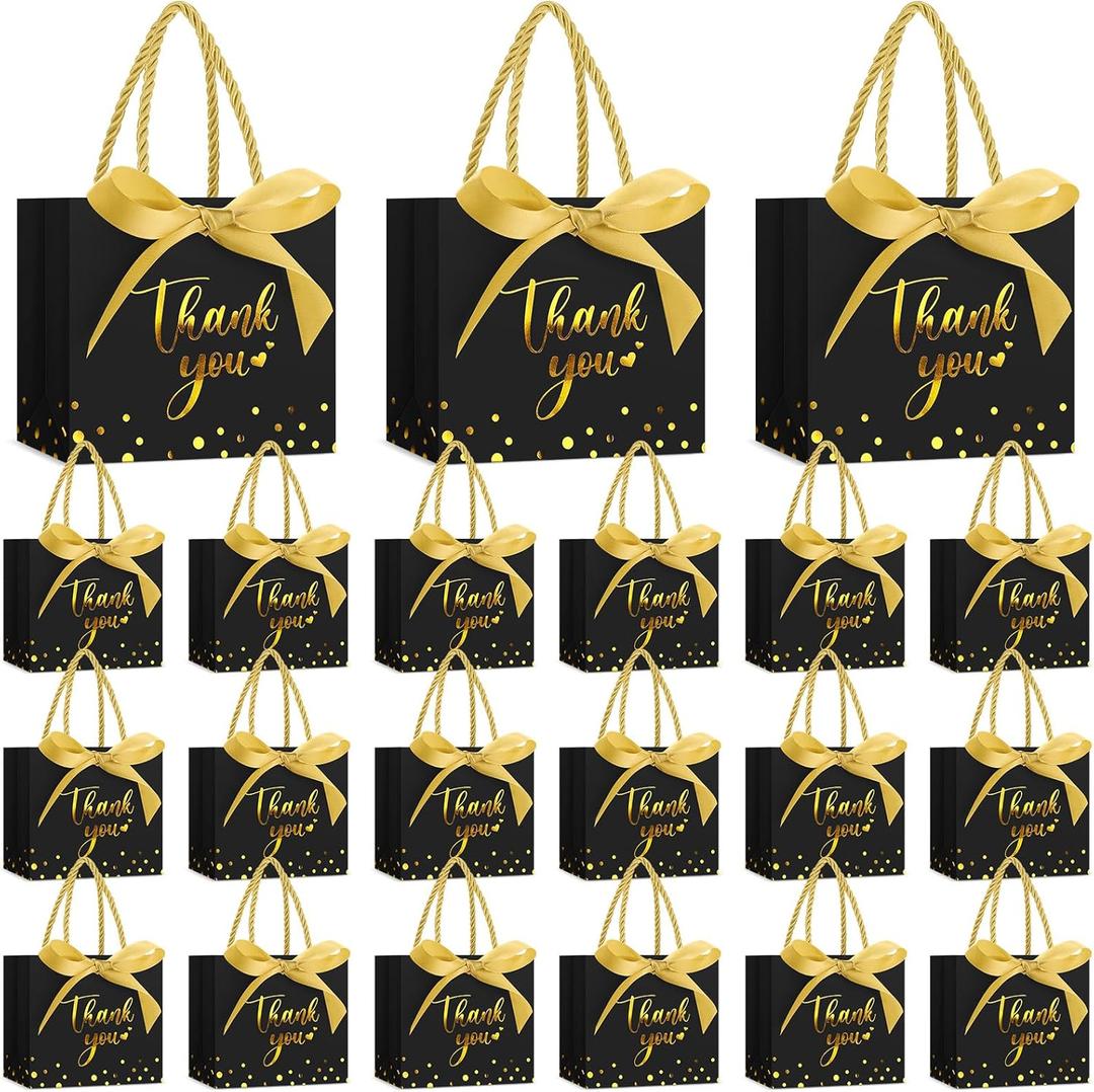 Jetec 45 Pcs Mini Paper Gift Bag Bulk 5.5 x 4.7 x 2.5'' Small Thank You Favor Bag with Handle Bow Ribbon for Valentines Day Wedding Baby Bridal Shower Birthday Party(Black/gold)