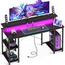 ODK 55 inch Gaming Desk with LED Lights & Power Outlets, Computer Desk with Monitor Stand & Storage Sheves, CPU Stand, Home Office Desk, Black