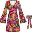 Women Hippie Outfits 70s Vintage Dress With Headband Costume for Party Hallowen (3XL, B02)