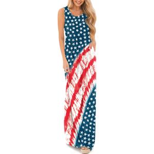 Women 4th of July Red White Blue Maxi American Flag Sundresses Retro Star Stripe with Pockets Dresses Stripes Stars Medium