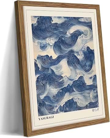 Framed Japanese Wall Art, Vintage Abstract Blue Waves Canvas Wall Decor Painting, Minimalist Japandi Oriental Ocean Aesthetic Prints Picture for Living Room Bathroom Bedroom 12x16 Inch