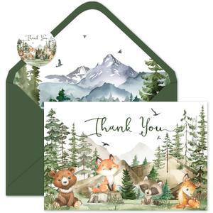 FYSUIMU 50 Pack Woodland Thank You Cards Watercolor Mountain Forest Woodland Animal Greeting Cards with Envelopes Stickers Forest Creature Blank Note Cards for Birthday Baby Shower Party, 4 x 6 Inch