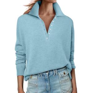 ANRABESS Womens Long Sleeve Polo Sweaters Knit Button Shirt Lightweight Dressy Casual Basic Pullover Tops 2025 Fall Fashion Light Blue Small