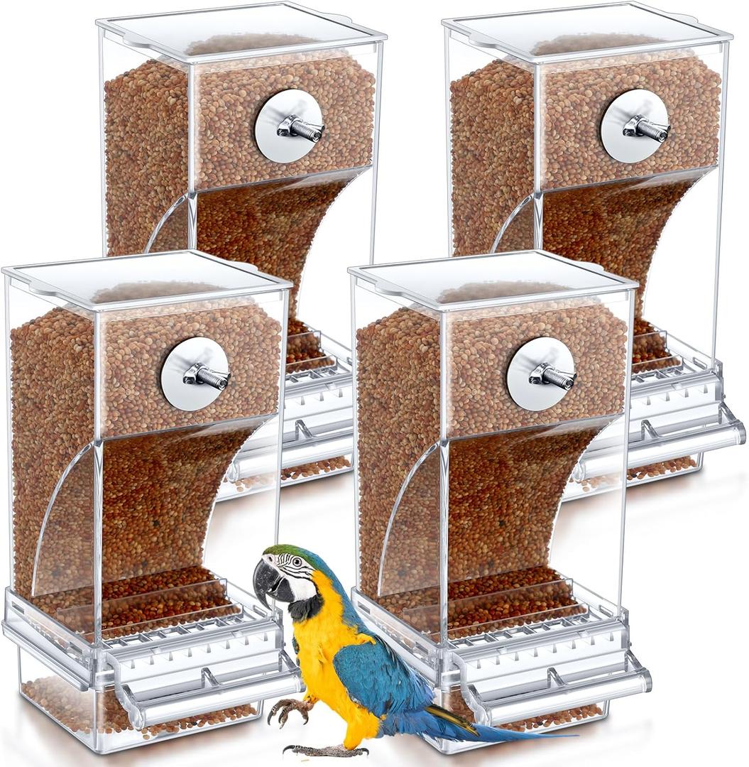 Yaomiao 4 Pcs No Mess Small Bird Feeders Automatic Parakeet Water Dispenser Clear Quail Feeder and Watered Cage Accessories for Small and Medium Parakeet Cockatiel Canary(Seed Feeder,Transparent)