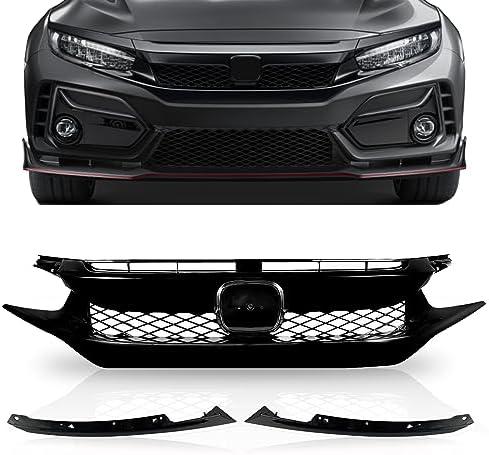PartsFlow Front Bumper Grille FK8 T-R Style Grill Glossy Black With Trim For 2016 2017 2018 2019 2020 Honda Civic