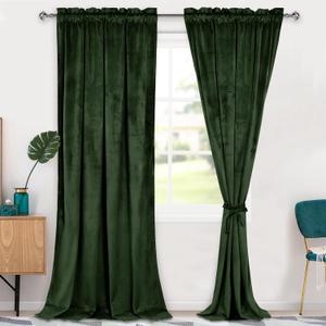 Hiasan Olive Green Velvet Curtains 108 inches-Blackout Thermal Insulated Solid Soft Curtains for Bedroom Living Room Rod Pocket Room Darkening 2 Panels Window Drapes with Tiebacks, 52W x 108L