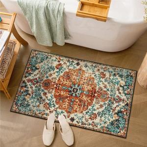Wonnitar Boho Bathroom Rug, Washable Rug 2x3 Small Bath Rug, Vintage Distressed Kitchen Throw Mat, Non-Slip Entryway Door Mat Low-Pile Floor Carpet for Bedroom Laundry Bedside (Orange/Multi,2'x3')