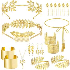 21 Pcs Greek Goddess Accessories for Women Leaf Crown Headband Toga Belt Leaf Arm Cuff for Halloween Cosplay Party Greek Costume Set