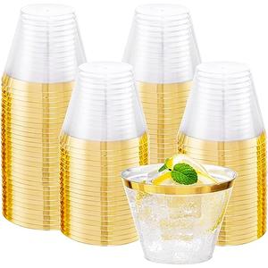 I00000 Heavy Duty Plastic Cups, 9 oz, Gold Rimmed, Clear, 100 Count, BPA Free, Disposable, for Party & Wedding