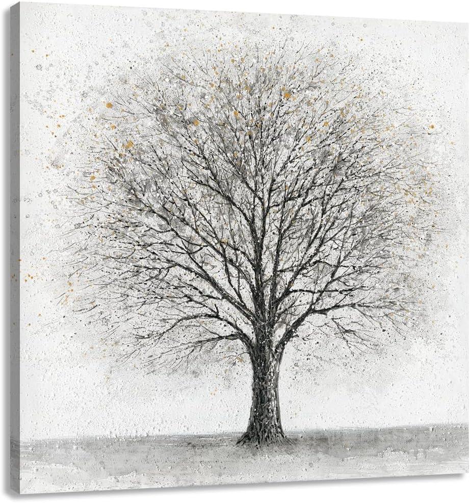 Yelash Abstract Black and White Tree Picture Decor Canvas Wall Art Life Painting with Gold Landscape for Home Bedroom Decoration 24x24 Inch