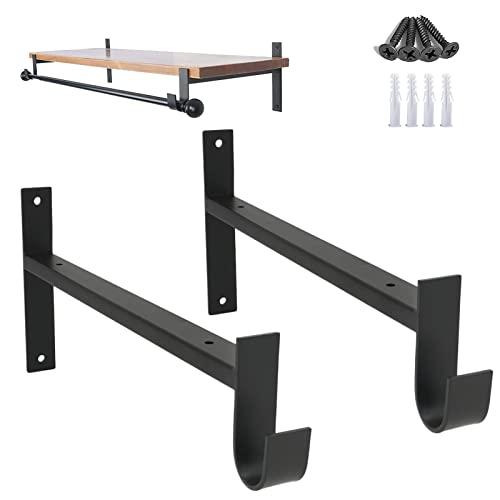 AddGrace Closet Rod Bracket Heavy Duty Shelf Brackets 6 Inch Black Wall Mounted Closet Rod Support with Pole Holder Industrial Iron Shelving Supports with Hook (2 Pack)