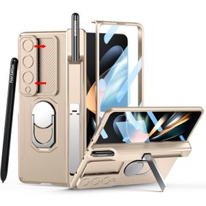 Compatible with Samsung Galaxy Z Fold 4 Case [Heavy Duty Protective][Camera Lens Cover][S Pen Holder & Hinge Protection][Screen Protector][Safe to Hold with Ring] Rugged Stand 5G 2022-Gold