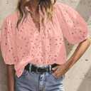 BETTE BOUTIK Women's Long Short Sleeve Tops 2025 Dressy Casual Button Hollow Out Lace Embroidered Blouses Shirts (Pink, M)
