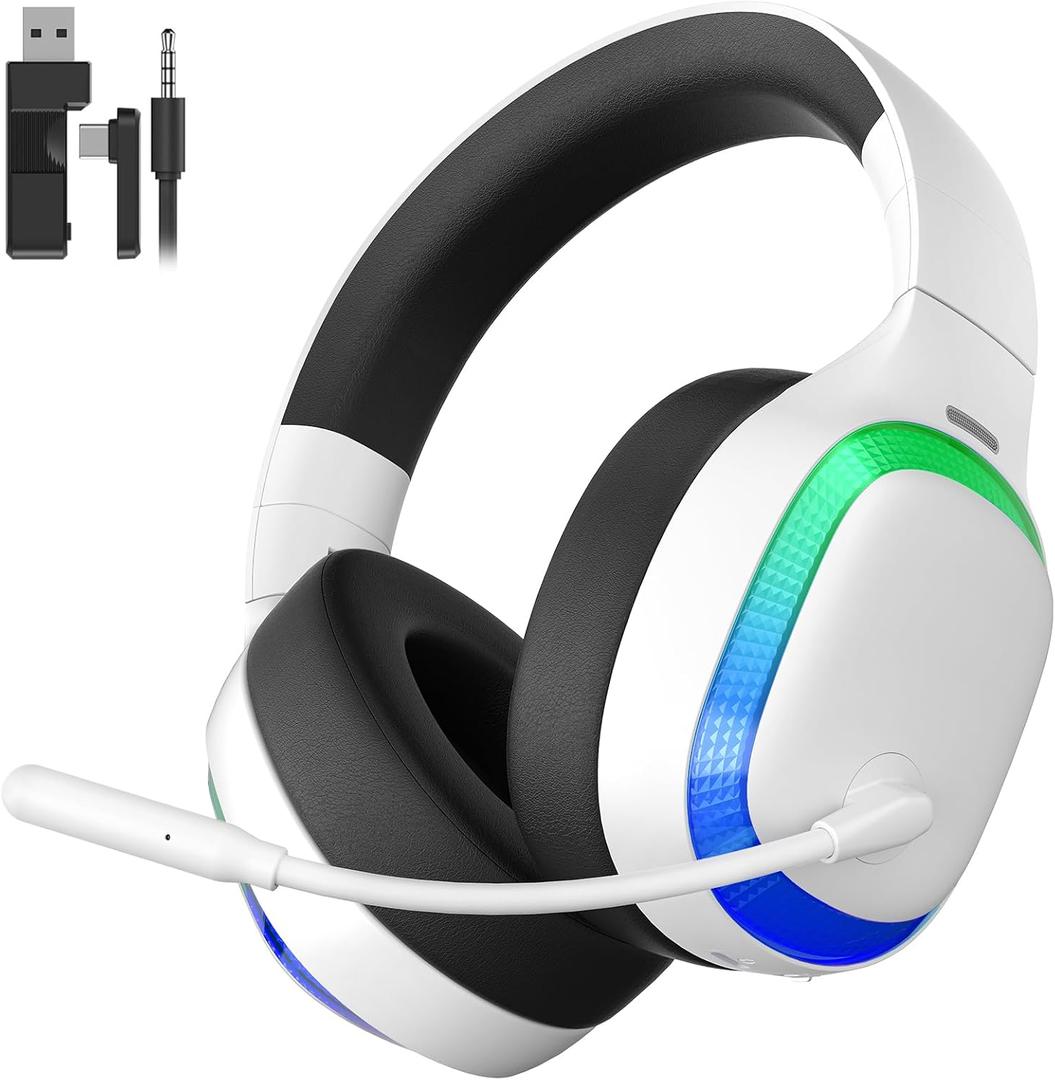 2.4Ghz Wireless Gaming Headset for PS5, PS4, PC, Mac, Bluetooth 5.4 Gaming Headphones with Noise Canceling Mic, 70H Battery, Surround Sound, Lay-Flat & Foldable - RGB White