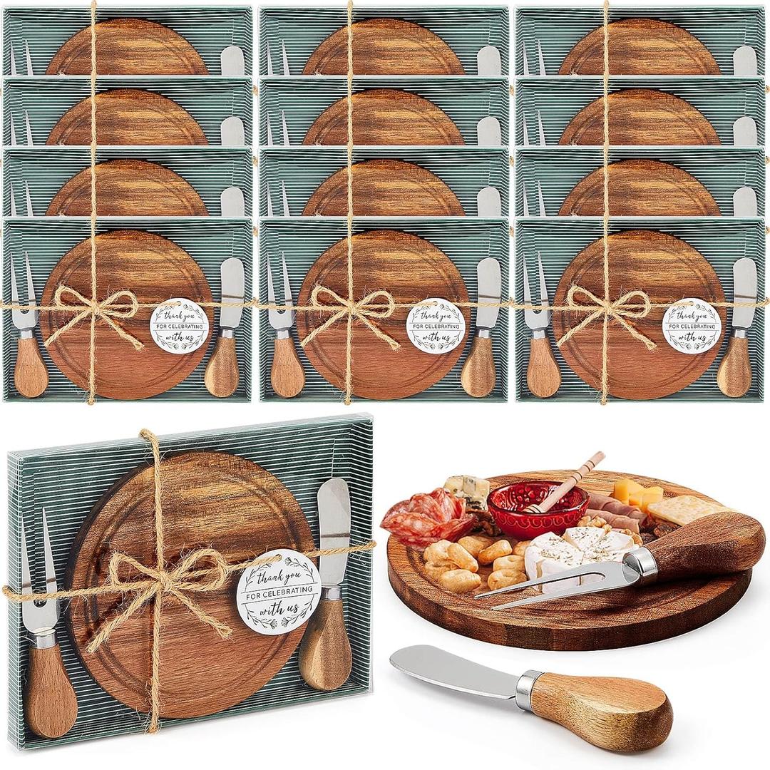 Maxcheck 12 Sets Baby Shower Bridal Game Prizes for Winners Round Cheese Board Set Wood Mini Charcuterie Board with Knives and Forks Thank You Card with Gift Box for Guests Wedding (Acacia)