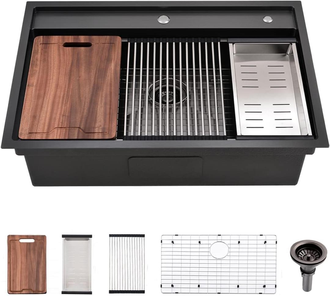 30 Inch Black Drop In Kitchen Sink Splash Guard Workstation - VOKIM 30 Inch Drop In sink Single Bowl 16 Gauge Stainless Steel 10'' Deep Handmade Kitchen Sink with Cutting Board& Strainer (30"L x 22"W x 10"D, Black Splash Guard)