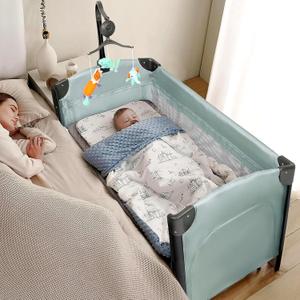 JOYMOR 3 in 1 Baby Bedside Bassinet, Bedside Sleeper with Mattress and Sheet, Convert to Bassinet, Playpen, Foldable Travel Baby Bed, with Wheels, Brake, Carry Bag