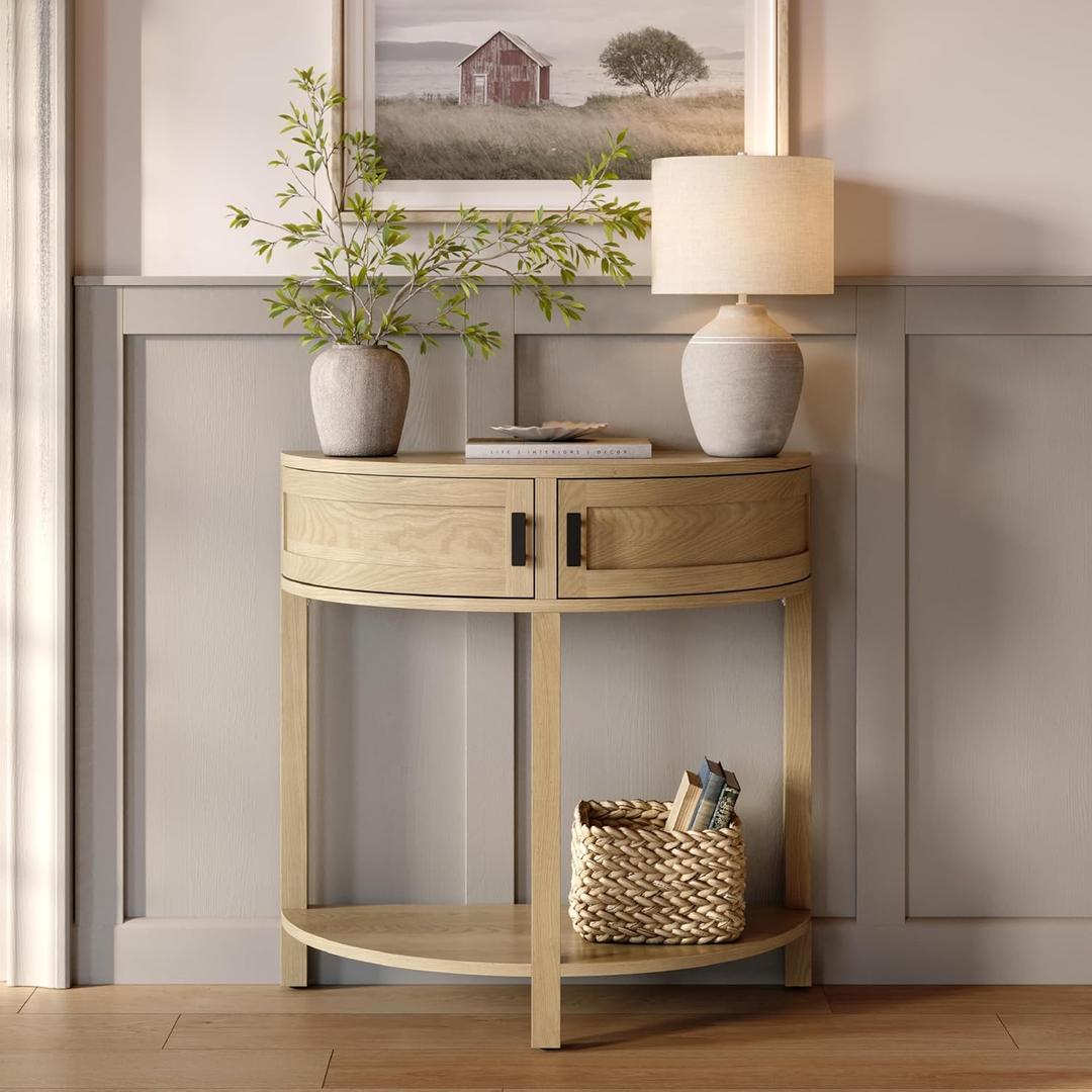Farmhouse Half Moon Console Table - Small Entry Desk with Storage for Narrow Spaces - Modern Home Decor - Living Room Furniture - Wood Entryway Table with Doors and Black Knobs (Natural Oak)