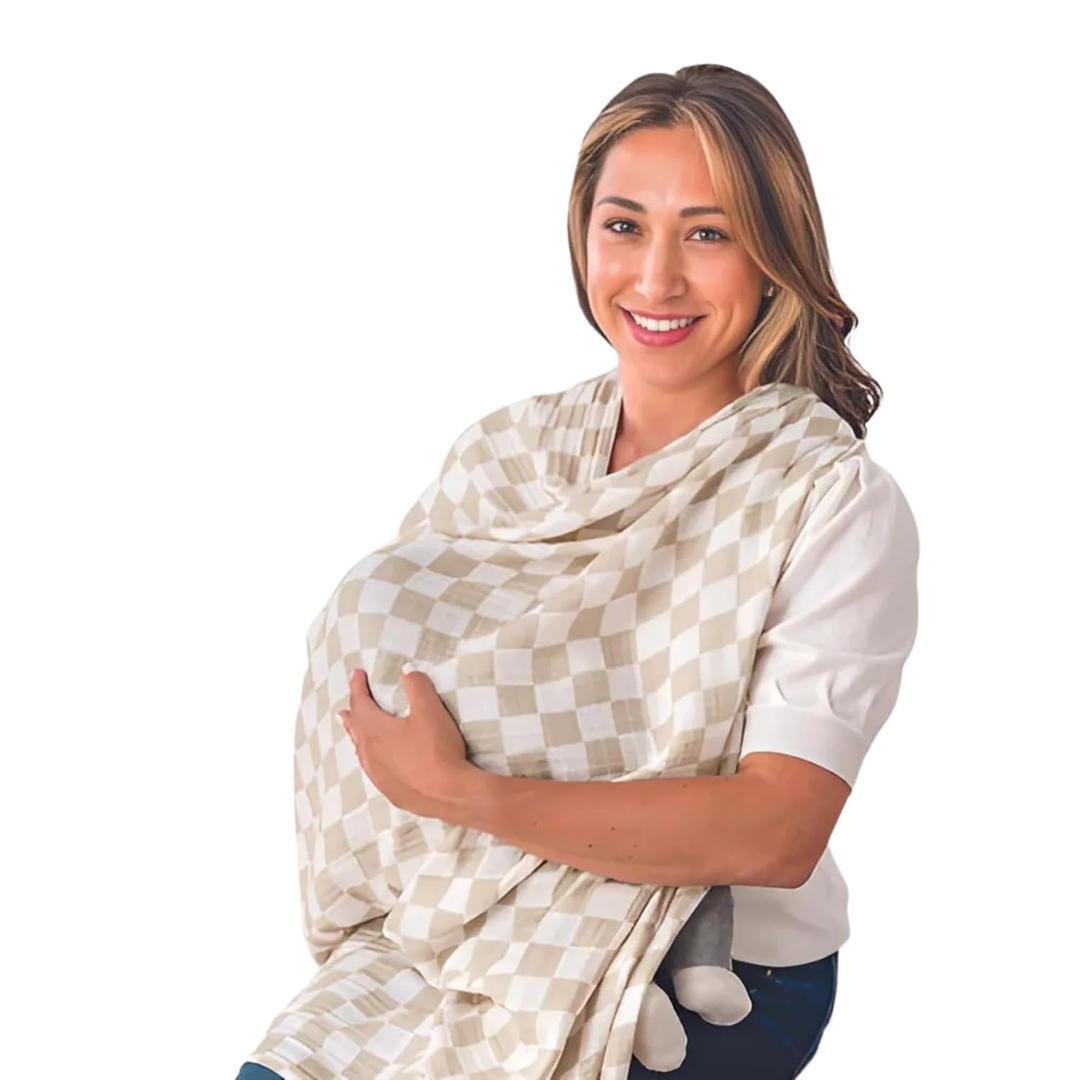 Breastfeeding Boss Multi-Use Cover – A Nursing Cover, Swaddle, Car Seat Wrap, Tummy Time Mat & Burp Cloth All in One – Made of Soft Muslin Fabric & Measures 47” x 47” (Checkerboard)