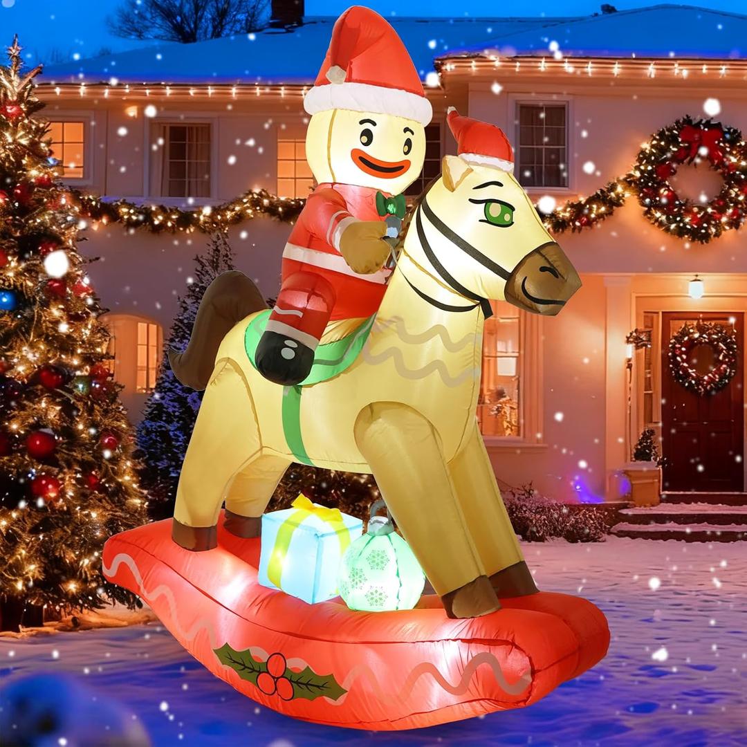 ADOMI 5.3FT Christmas Gingerbread Riding Rocking Horse Inflatable Outdoor Decorations for Yard Lawn Xmas Blow ups Outside Holiday Party Decor