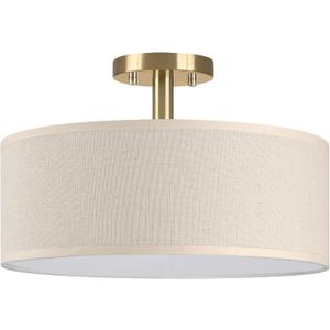 3 Light 12 Inch Semi Flush Mount Close to Ceiling Light Fixture,Off White Fabric Shade Gold Finish for Bedroom,Living Room,Dining Room Hallway