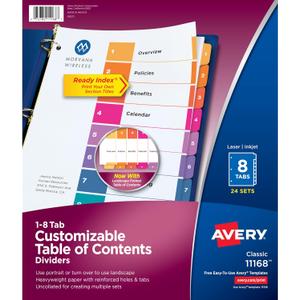 Avery Dividers for 3 Ring Binders, 8 Tabs per Set, Customizable Table of Contents, Multicolor Tabs, Great for Organizing High-Volume Reports, Projects, and More (24 Sets of 11168)
