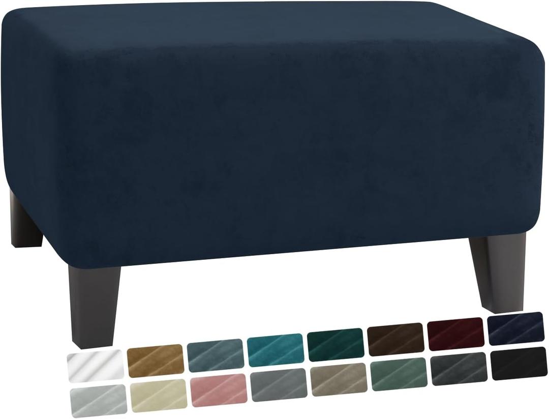 MAXIJIN Velvet Ottoman Cover Rectangular Stretch Square Ottoman Covers Slipcover Rectangle Washable Foot Stool Cover Thick Storage Protector with Elastic Bottom (Ottoman X-Small, Navy Blue)